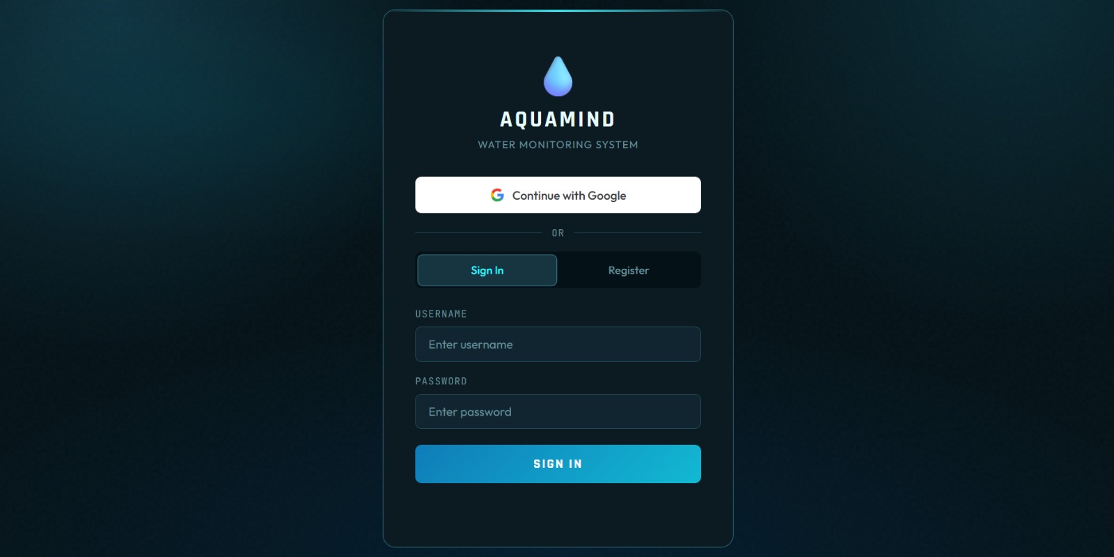 HydroSmart authentication screen — secure operator login to the ESP32 IoT water dashboard
